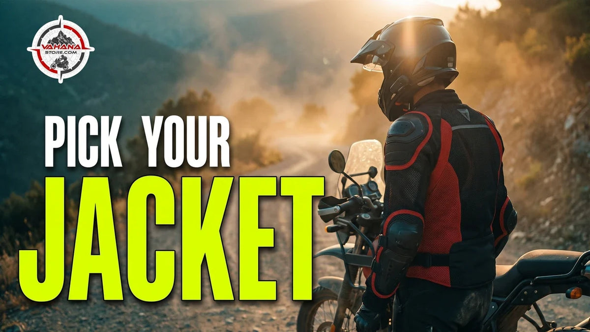 Motorcycle rider in a black and red mesh riding jacket with armour beside an adventure bike on a mountain road at sunset