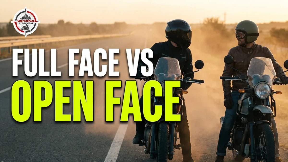 Two motorcyclists beside their bikes at sunset, one in a black full face helmet and one in an olive open face helmet with goggles