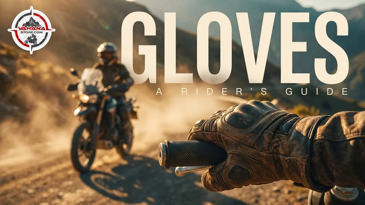 Motorcycle rider's gloved hand on the handlebar grip at golden hour