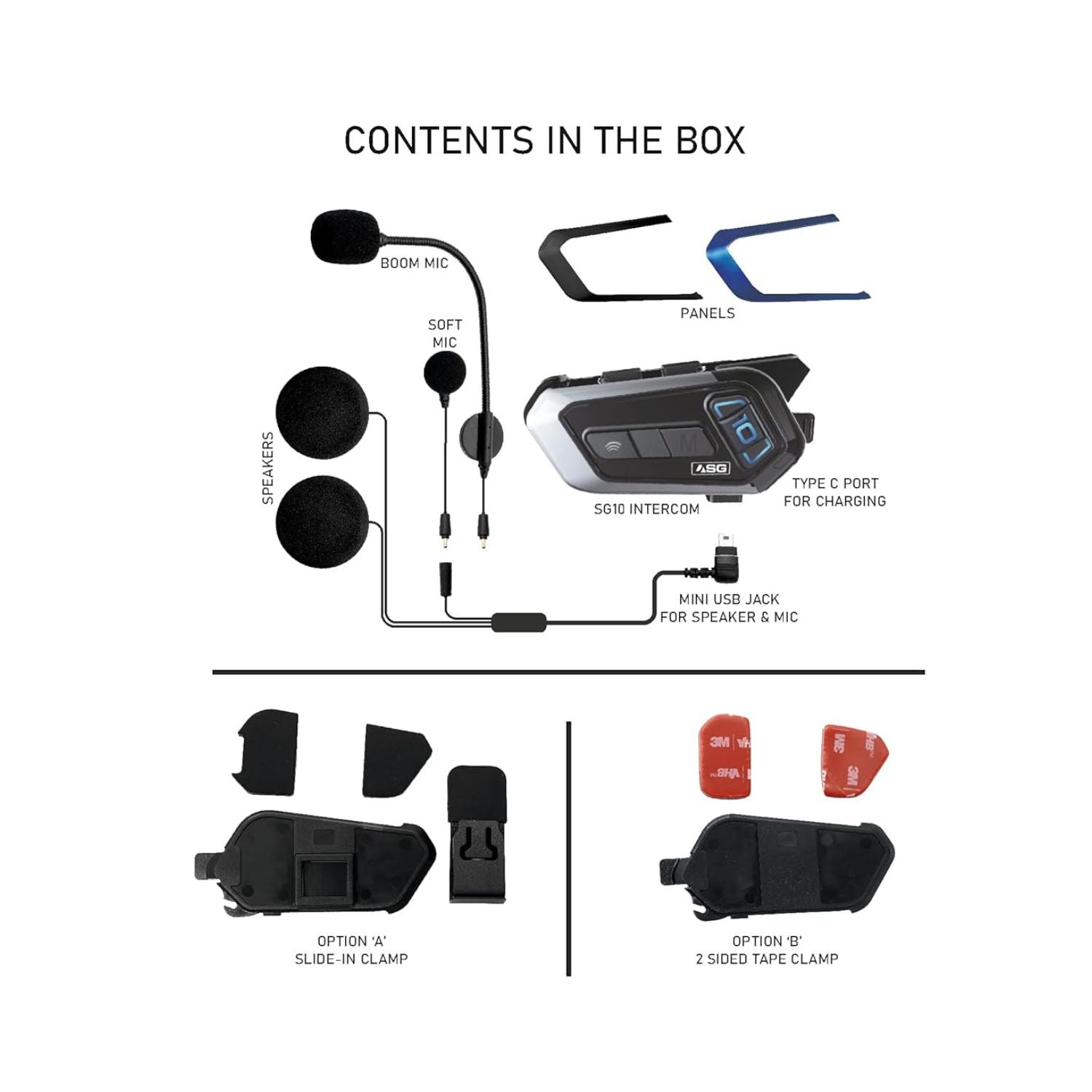 SG10 intercom box contents: boom mic, soft mic, speakers, and mounting clamps