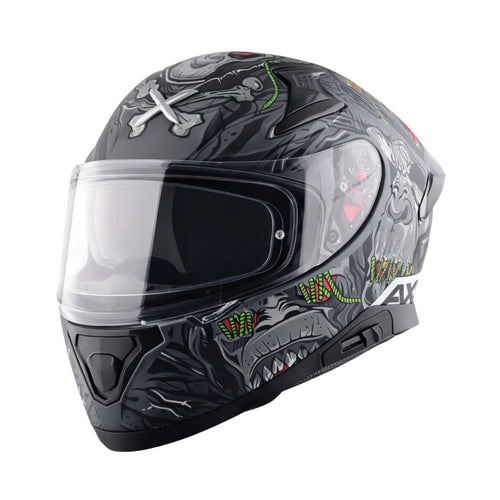 Full-face motorcycle helmet with clear visor, black/gray skull graphic and AXR branding