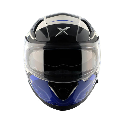 Full-face helmet front view with clear visor; white, black, and blue shell with X logo