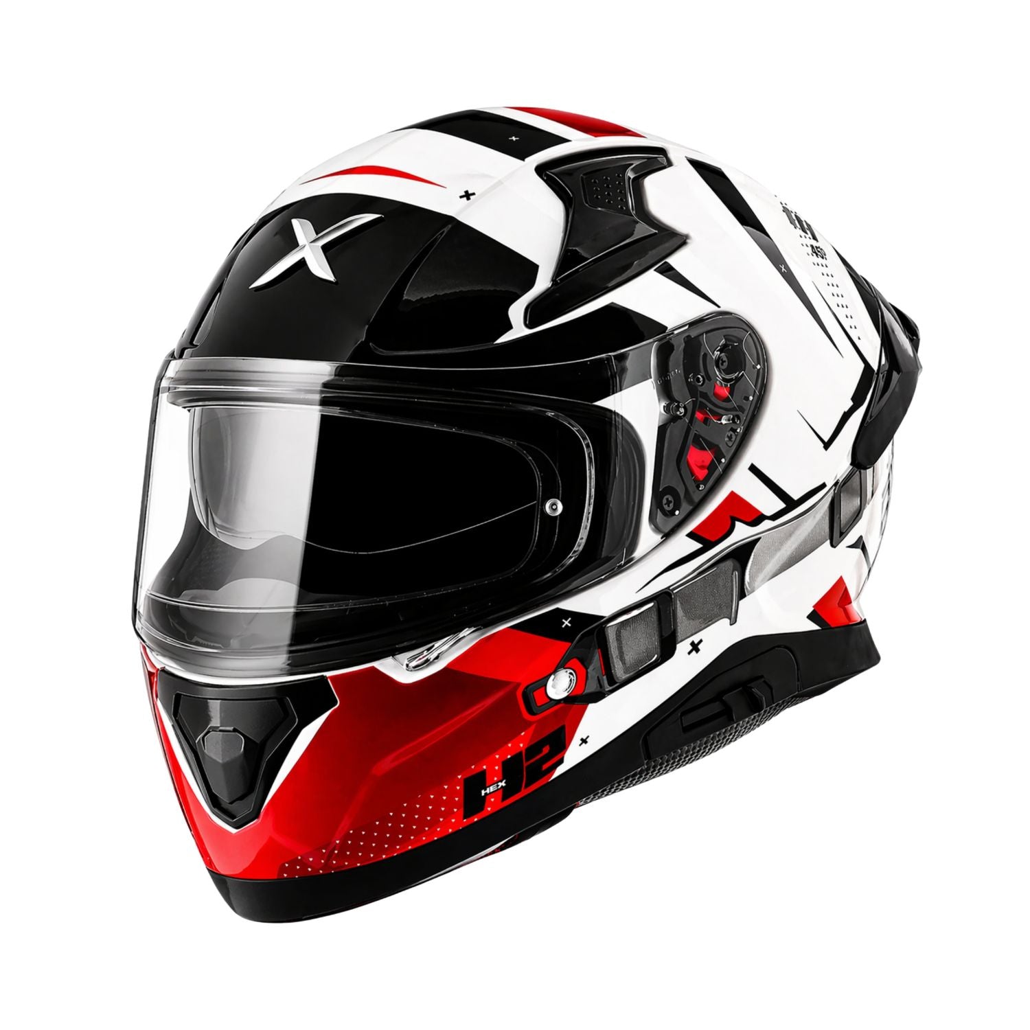 Gloss white full-face motorcycle helmet with black visor and red/black graphic accents