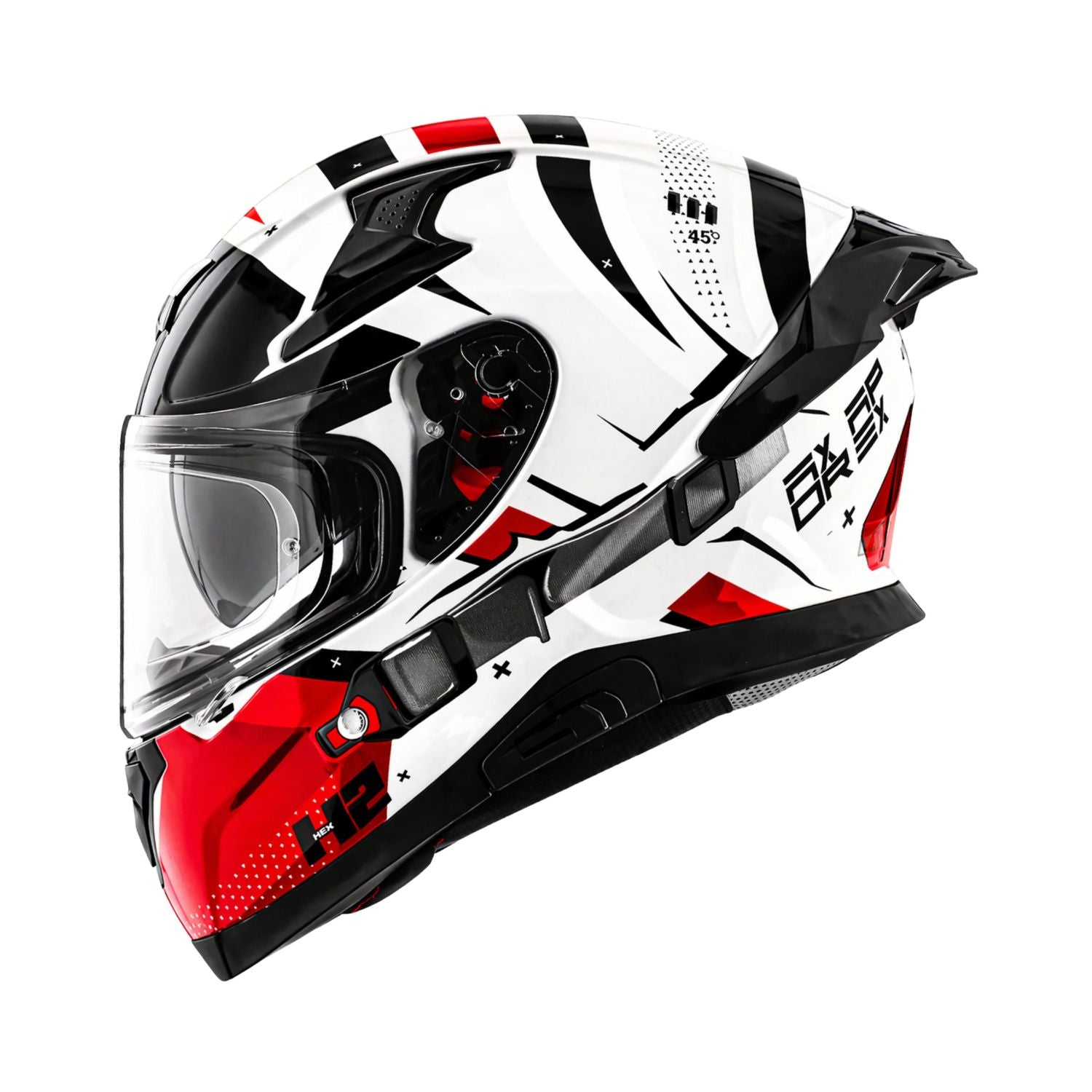 Gloss white full-face motorcycle helmet with clear visor, black accents, red lower panel