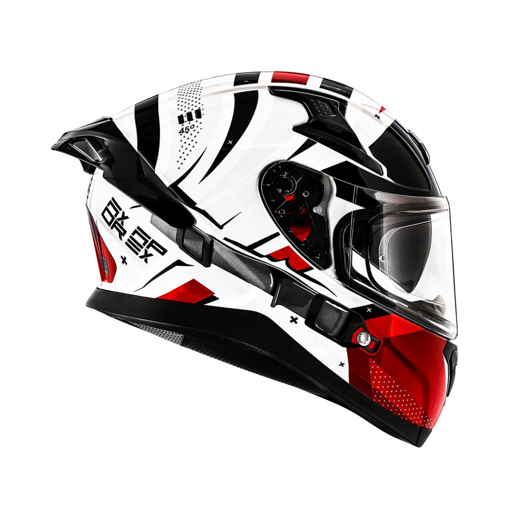 Gloss white full-face motorcycle helmet with clear visor, black shell, red side graphic