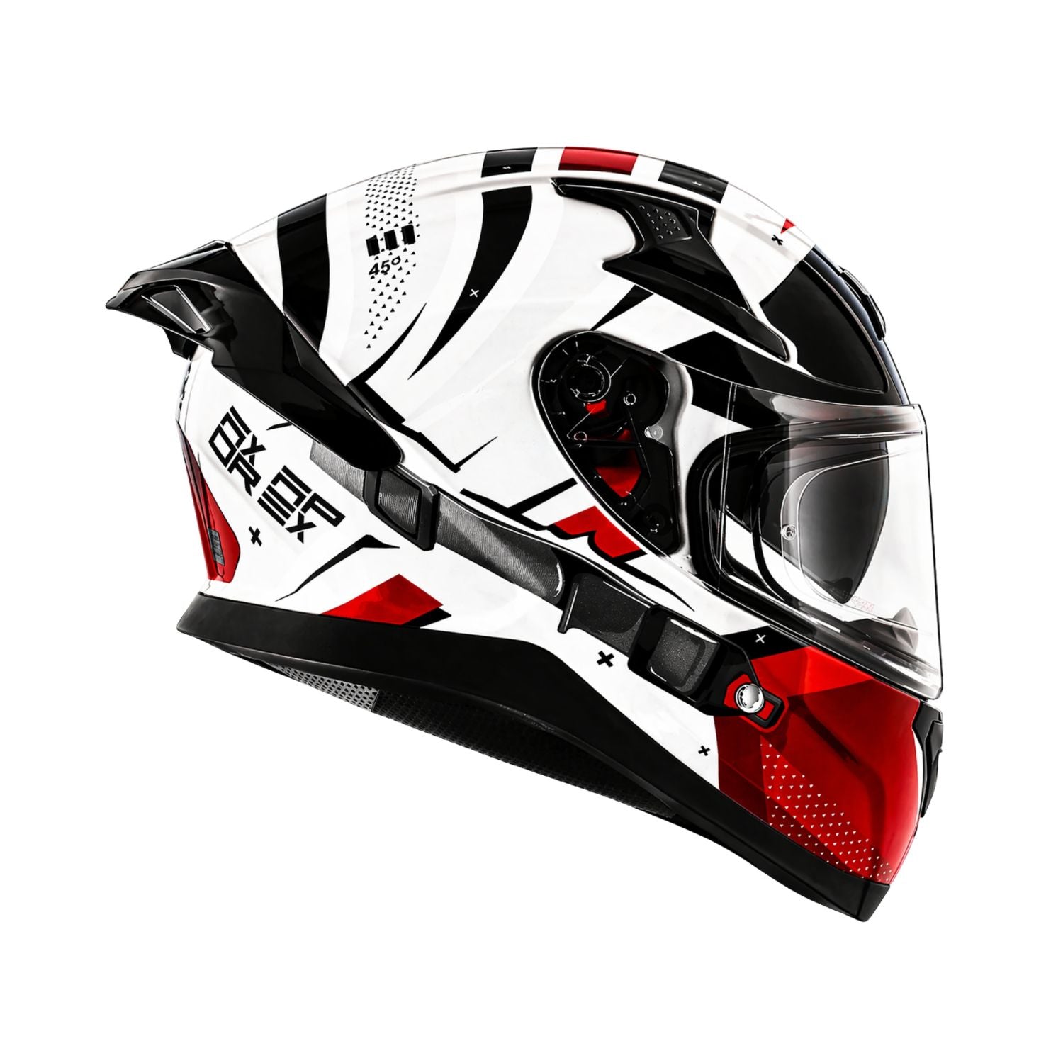 Gloss white full-face motorcycle helmet with clear visor, black shell, red side graphic