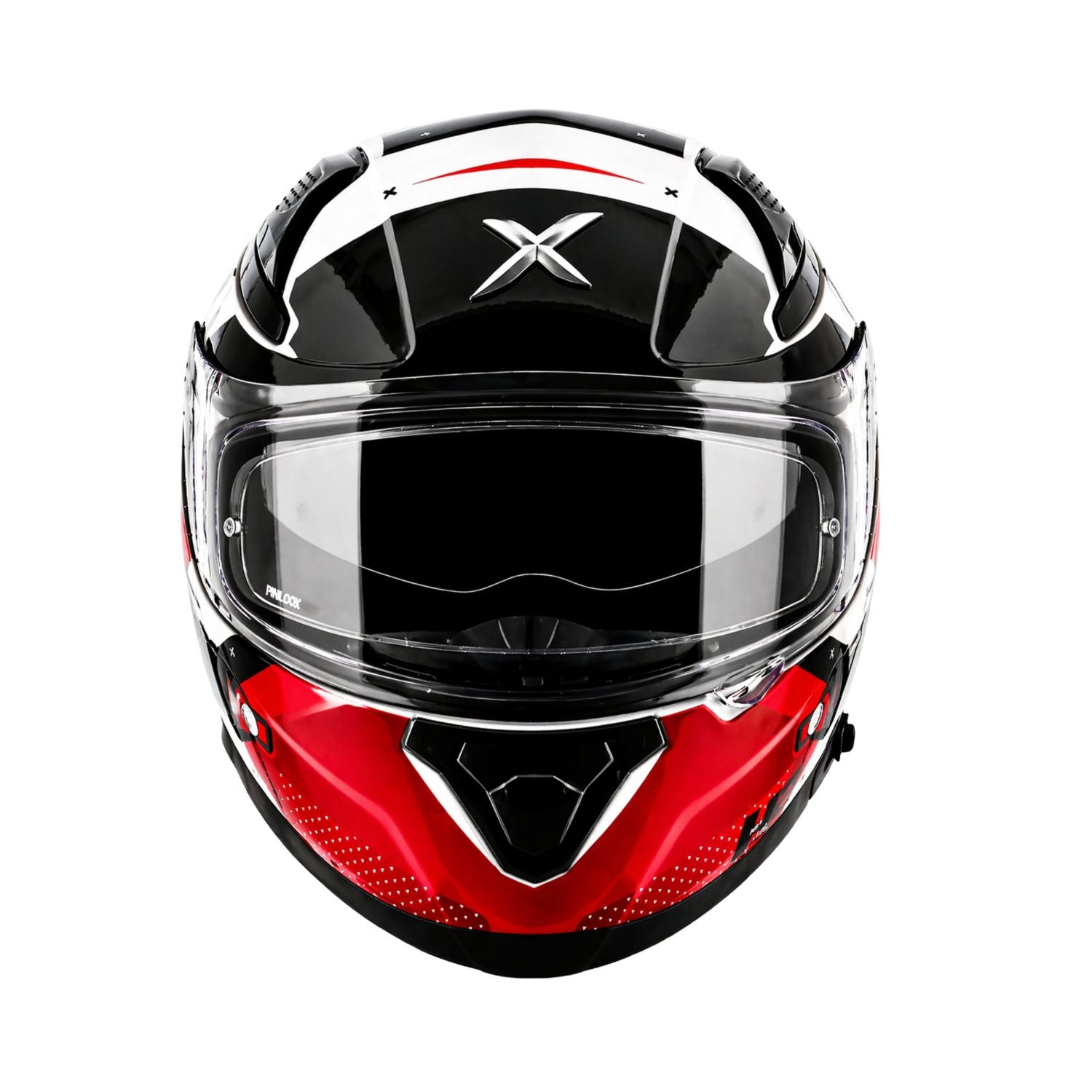 Gloss white full-face motorcycle helmet with clear visor and red lower chin panel, black shell