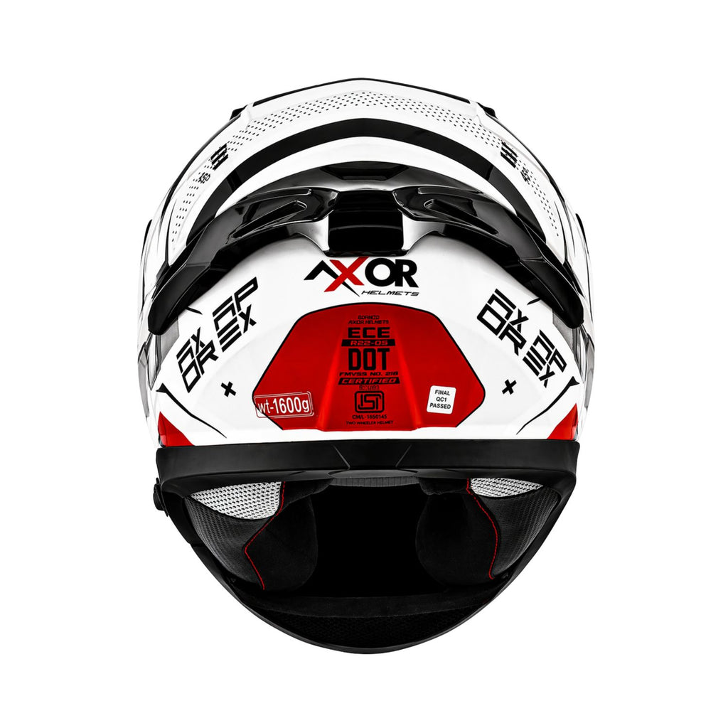 Gloss white full-face motorcycle helmet with black top vents and red rear graphic panel
