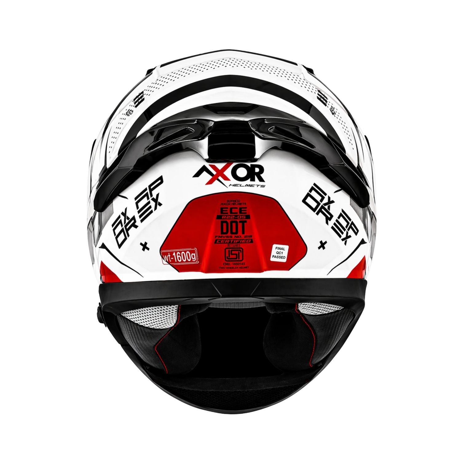Gloss white full-face motorcycle helmet with black top vents and red rear graphic panel