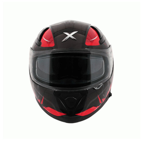 Motorcycle helmet front view, black with red accents and tinted face shield