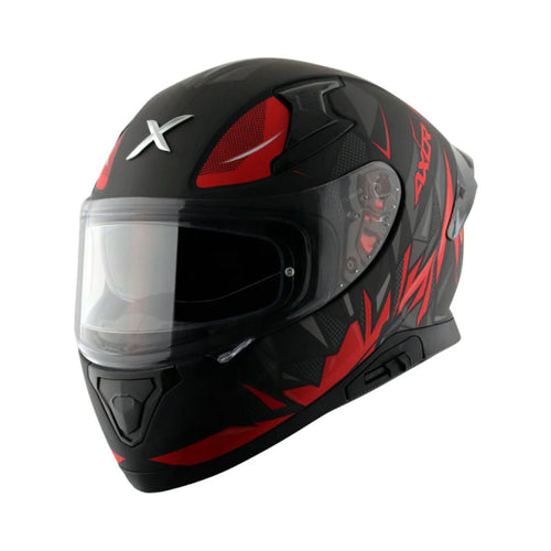 Axor full-face helmet, matte black with red graphics and clear visor, X emblem