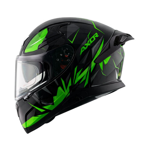 Full-face motorcycle helmet in gloss black with neon green side graphics and clear visor