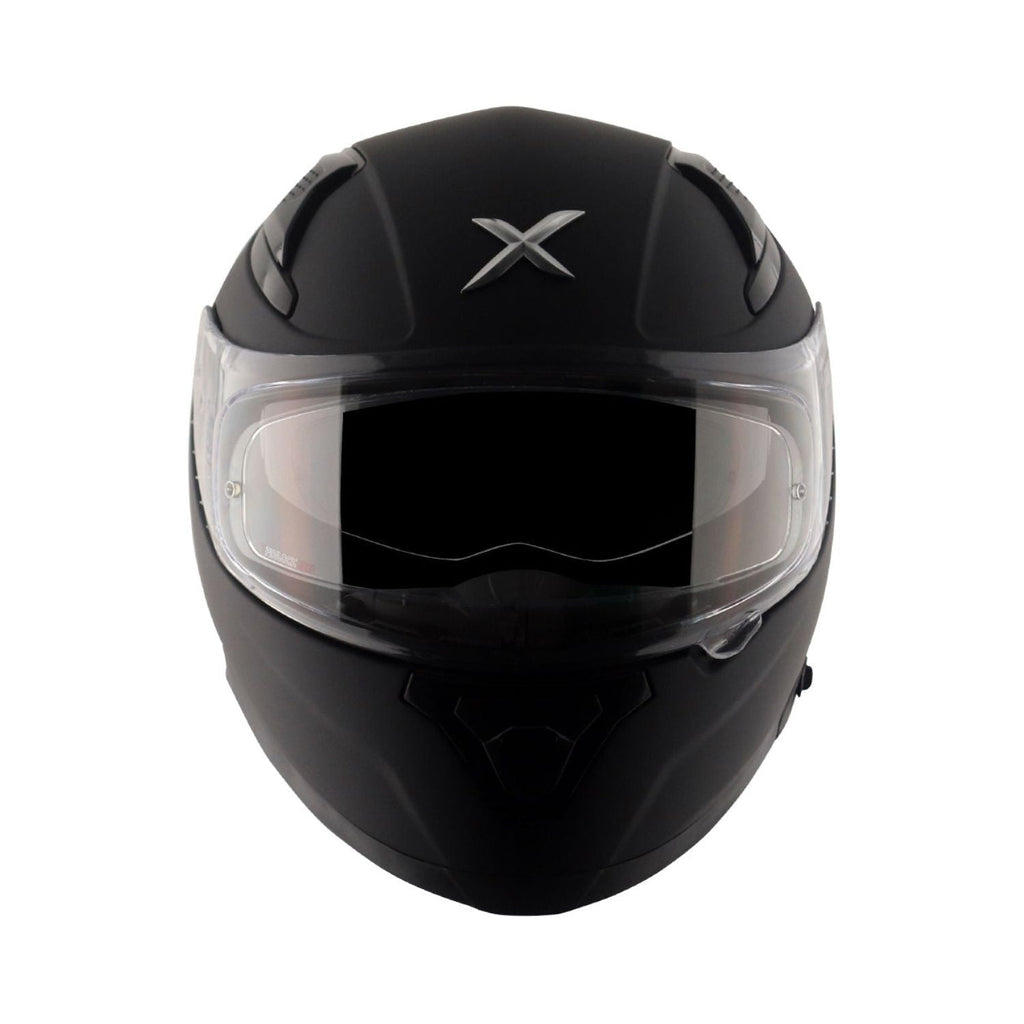 Axor Apex SOLID dull black helmet top view with clear visor and X logo