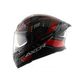 Gloss black and red motorcycle helmet with clear visor and angular side graphics