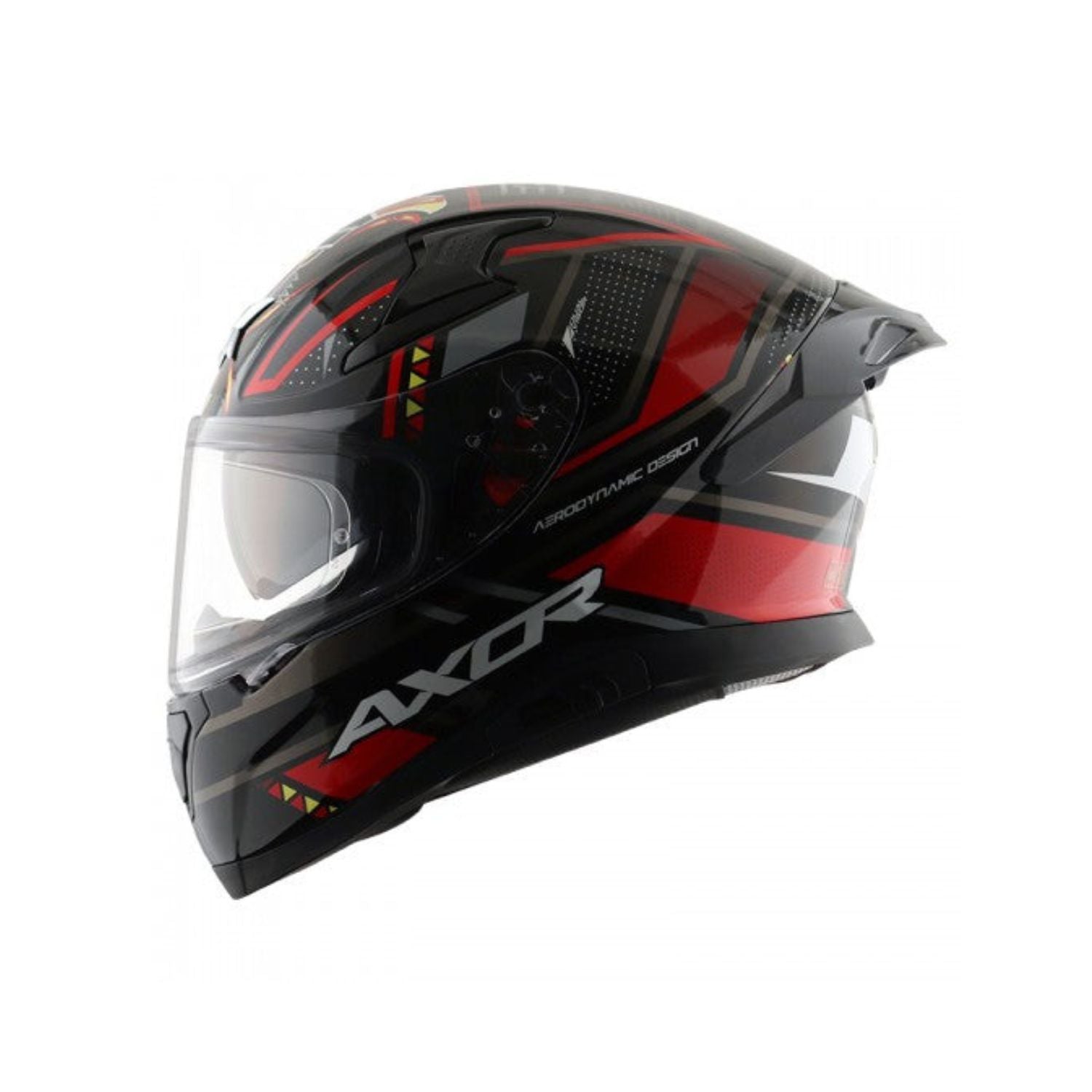 Gloss black and red motorcycle helmet with clear visor and angular side graphics