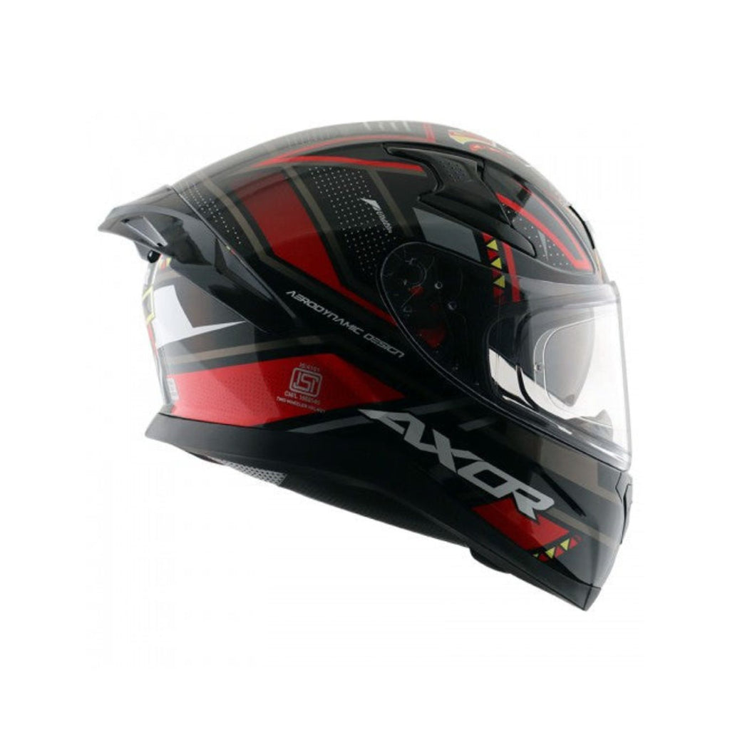 Gloss black and red full-face motorcycle helmet with clear visor and side vent details