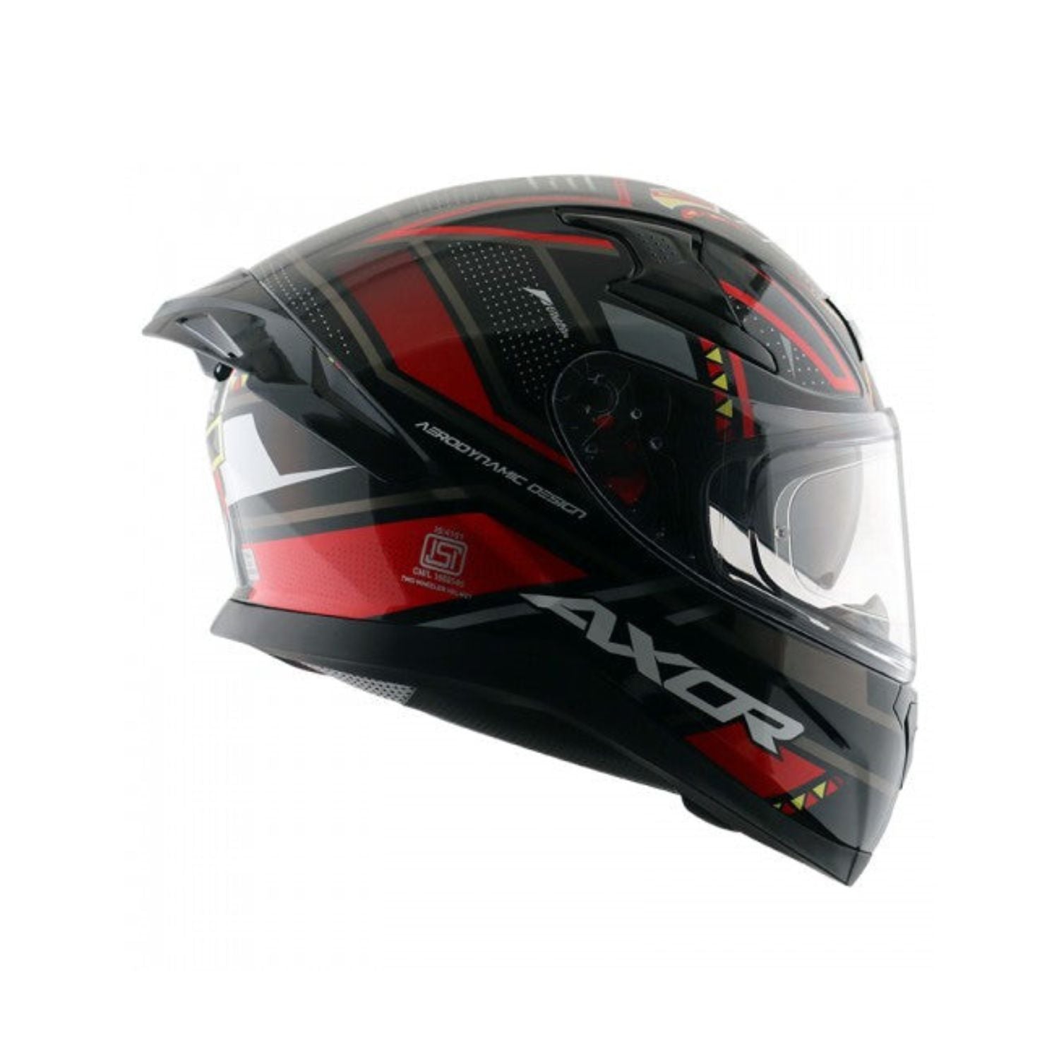 Gloss black and red full-face motorcycle helmet with clear visor and side vent details