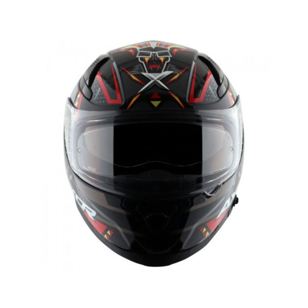 Gloss black and red full-face motorcycle helmet with clear visor and front graphics