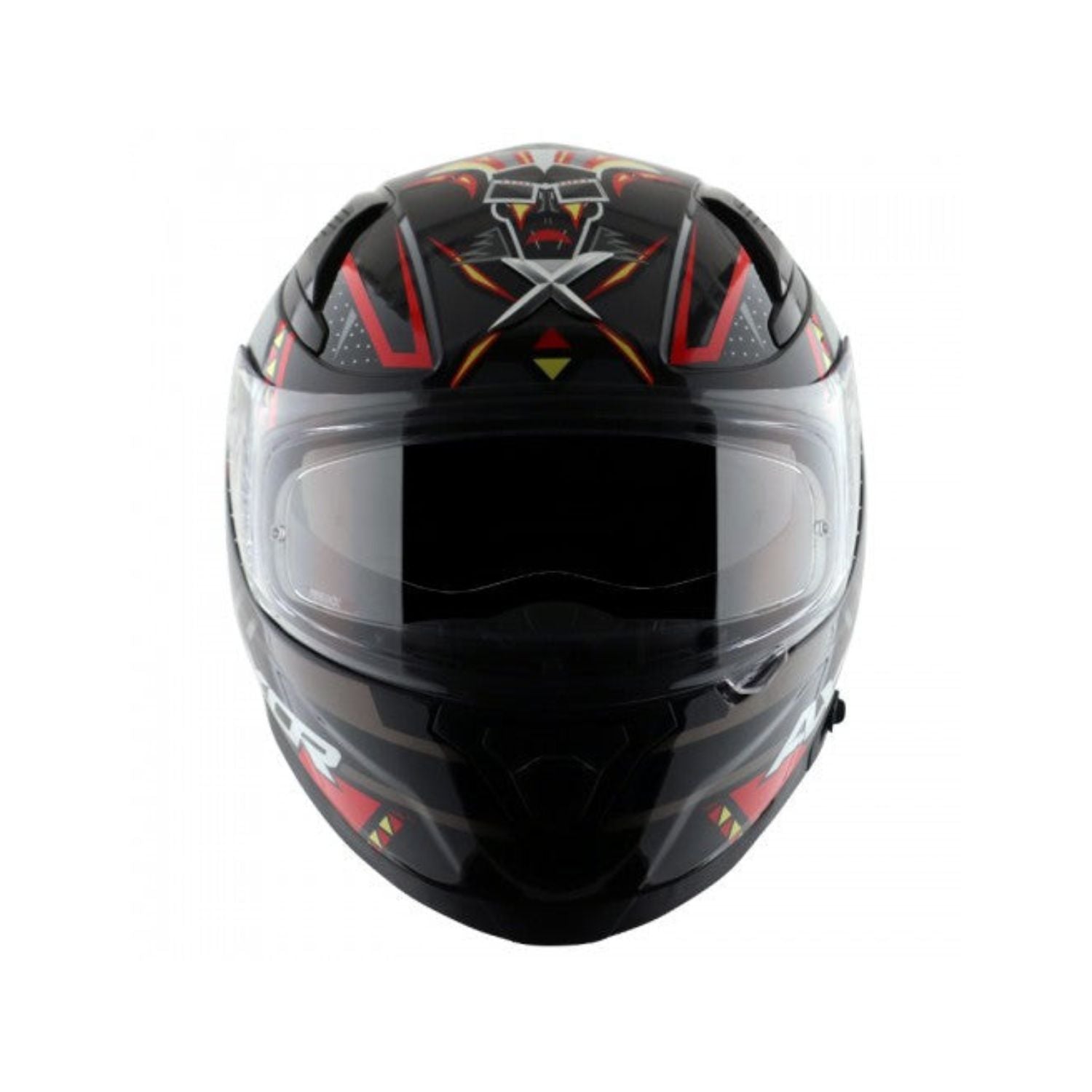 Gloss black and red full-face motorcycle helmet with clear visor and front graphics