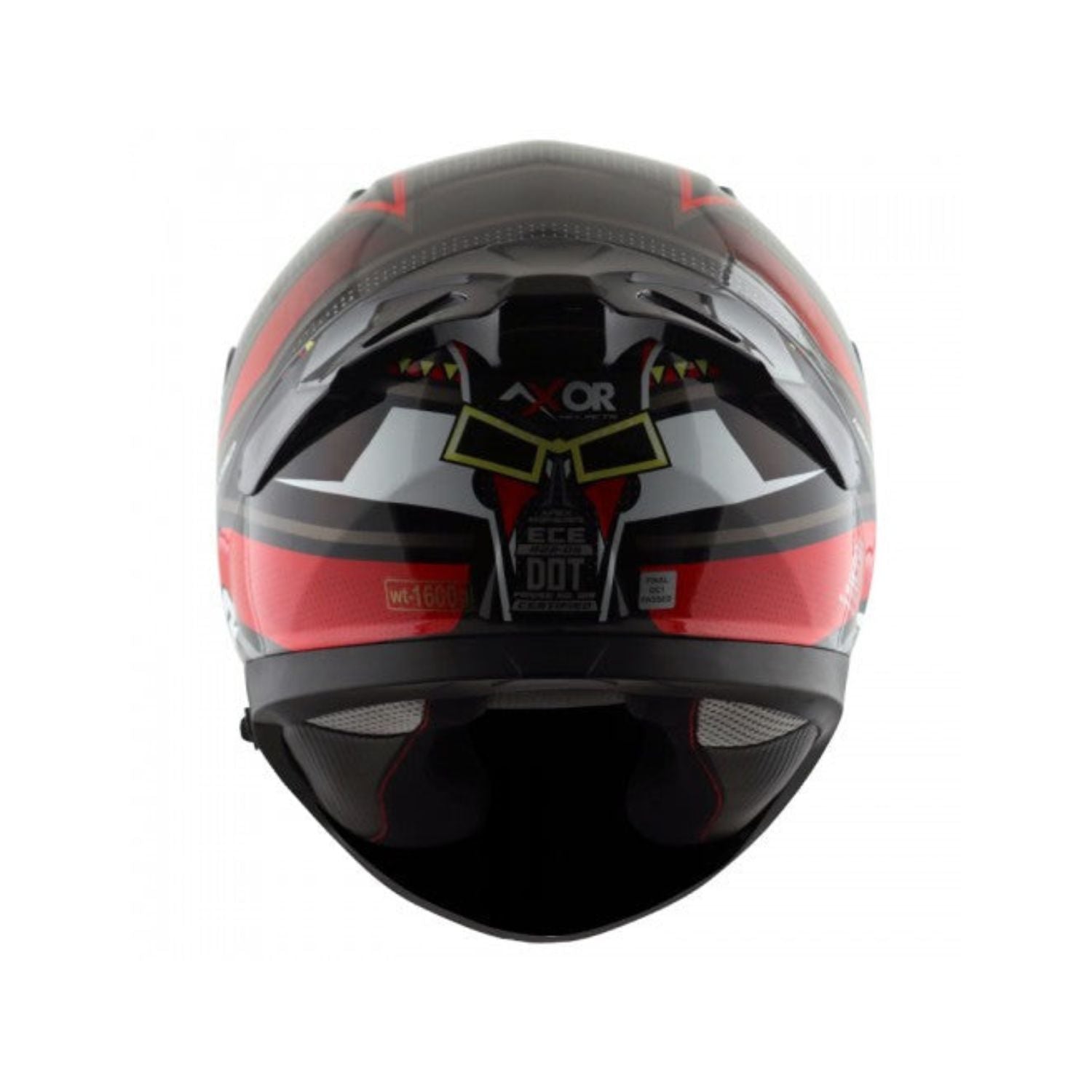 Gloss black and red full-face motorcycle helmet with clear visor and rear DOT label decals