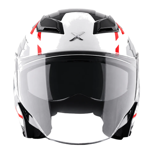 White full-face helmet with red accents, clear visor, and front air vents