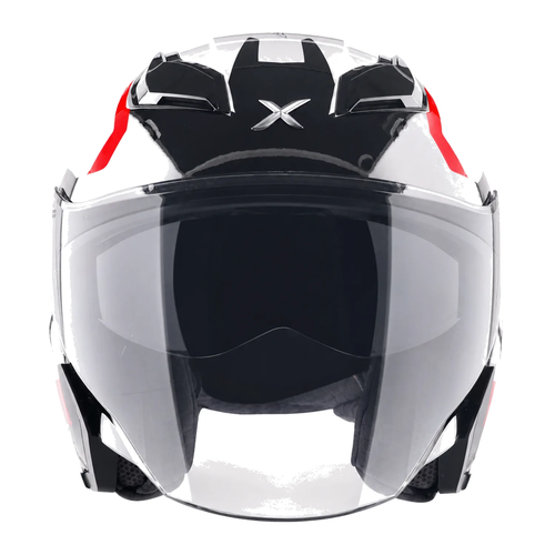 Axor Kylo Ray helmet in white with black visor and red side panels, front view