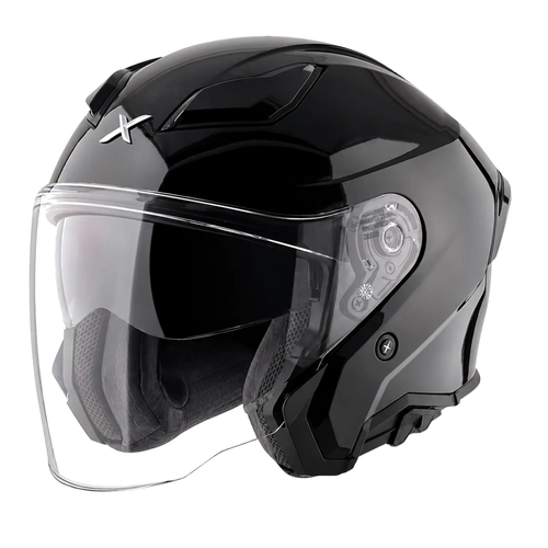 Black full-face motorcycle helmet with clear visor and side X emblem