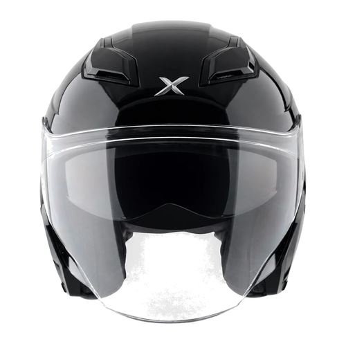 Black full-face motorcycle helmet front with clear visor and centered X emblem