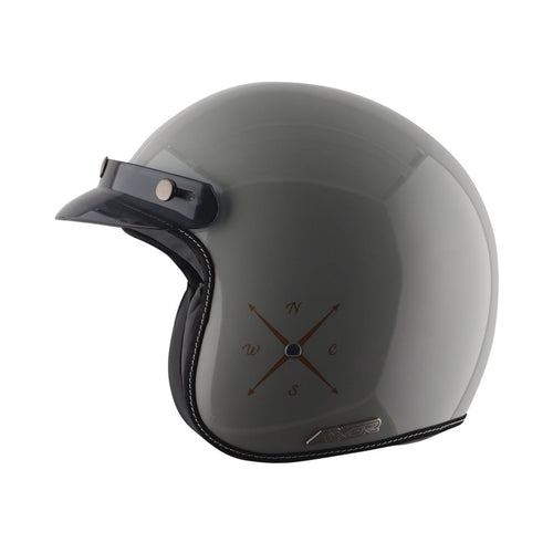 Gloss cool grey full-face motorcycle helmet with black trim and side shield detail