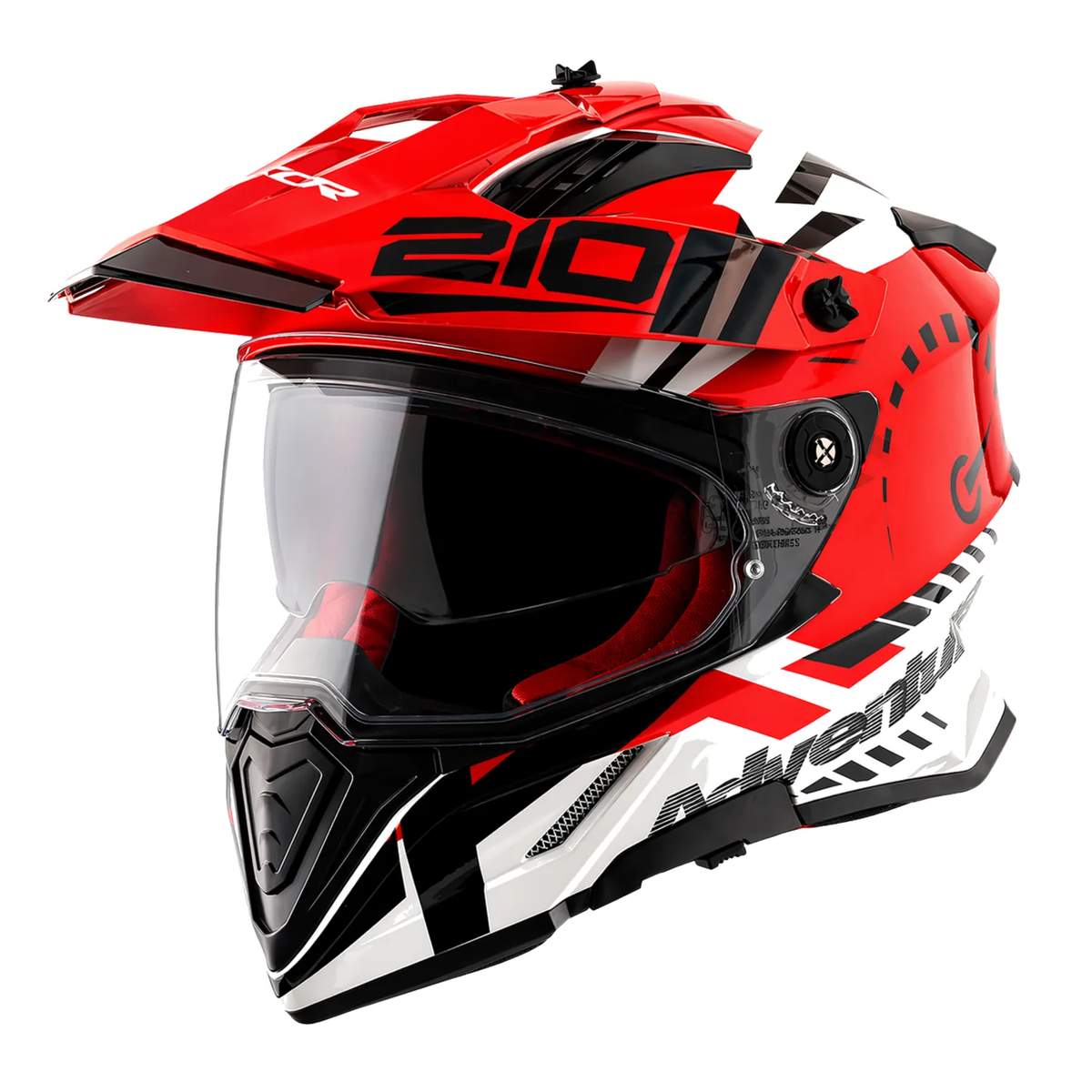 Dual-visor motorcycle helmet in red with white graphics, clear face shield and black chin guard
