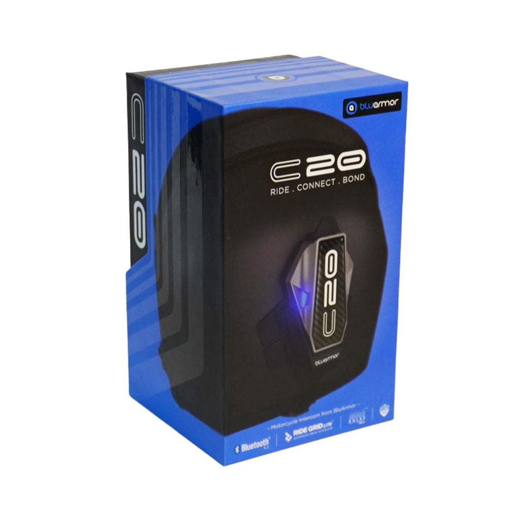 Bluarmor C20 Helmintercom Verpackung, blaues Karton-Design mit Geräteabbildung