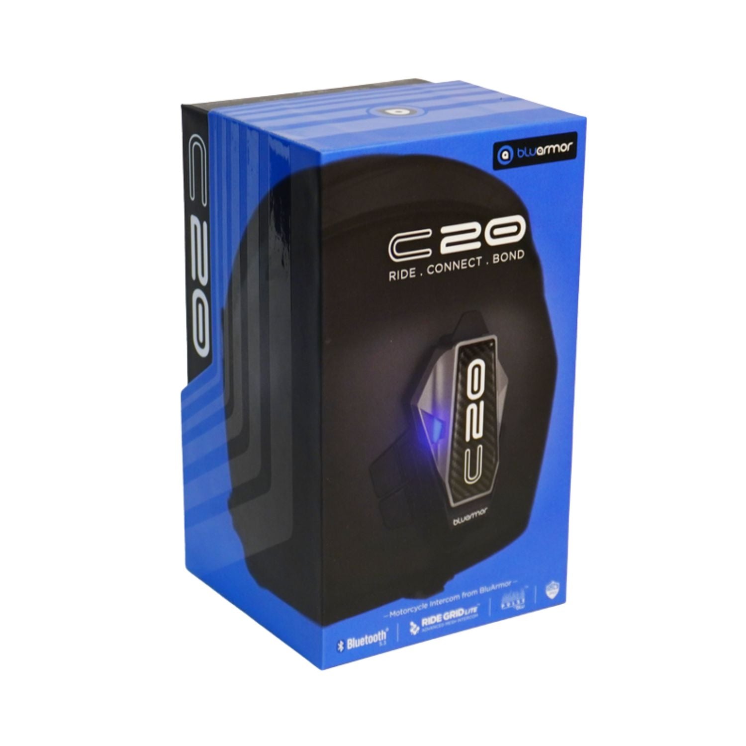 Bluarmor C20 Helmintercom Verpackung, blaues Karton-Design mit Geräteabbildung
