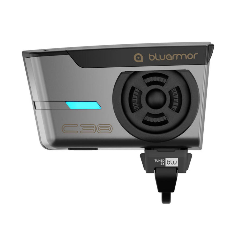 Bluarmor C30 helmet intercom faceplate with blue status light and speaker dial