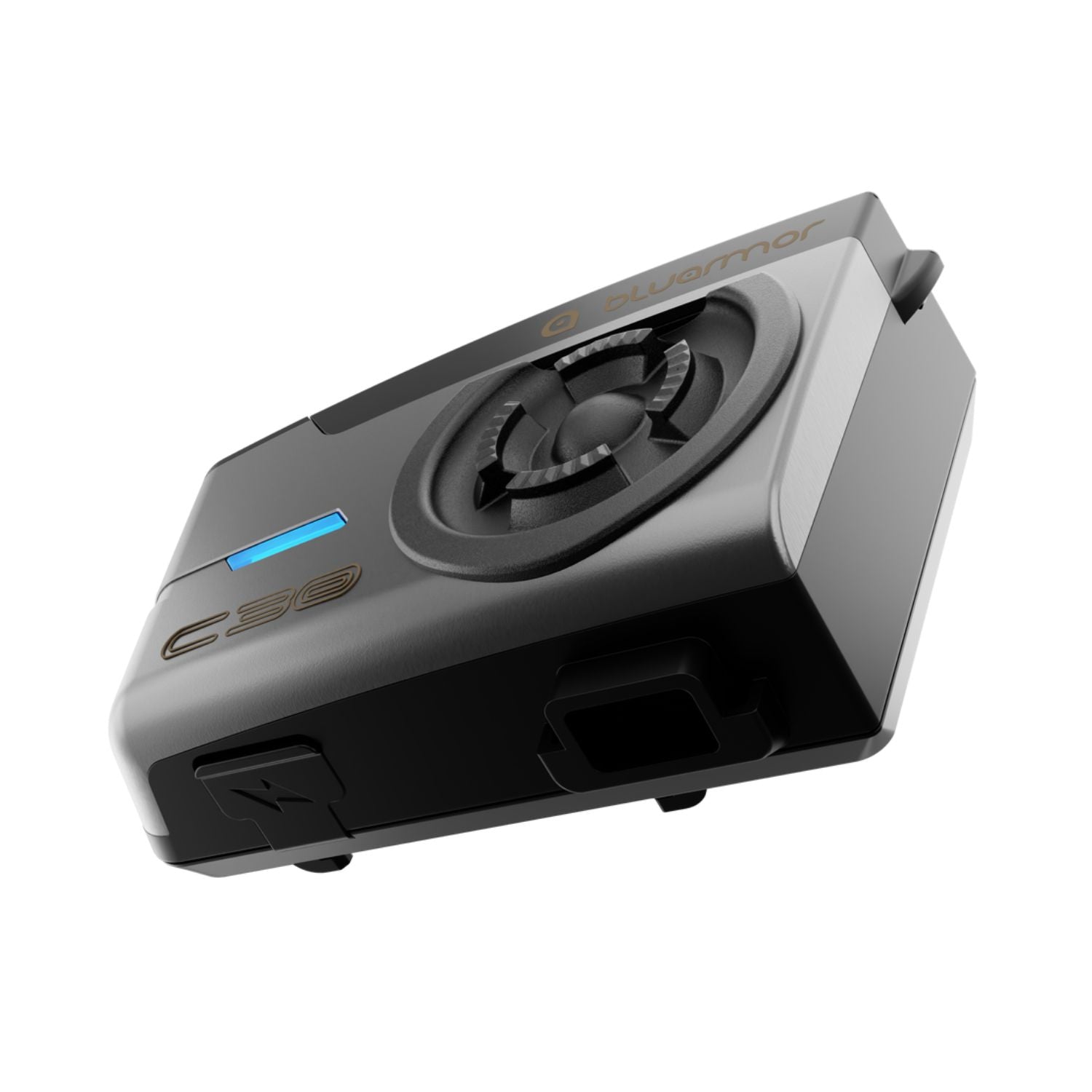 C30 helmet intercom underside with mounting slot and blue status light