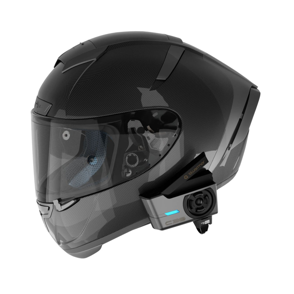 Black full-face helmet with mounted C30 intercom and blue status light