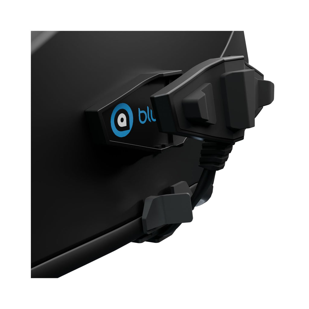 Bluarmor C50 Plus Helmet Intercom, logo area with cable connector and plug