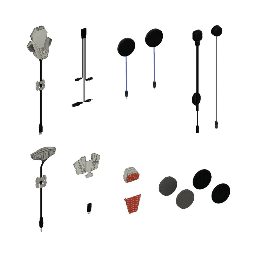 MagDock kit components: helmet mounts, cables, speakers, button module, mic