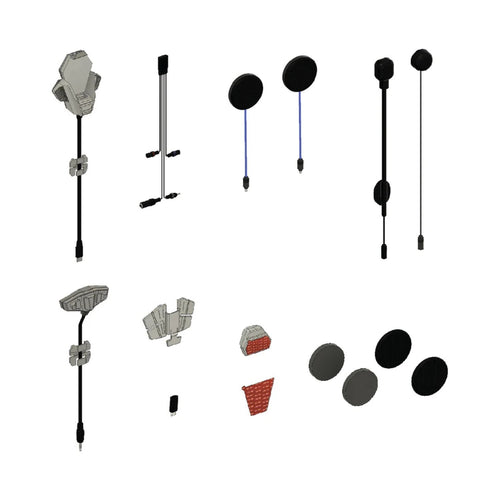 MagDock kit components: helmet mounts, cables, speakers, button module, mic