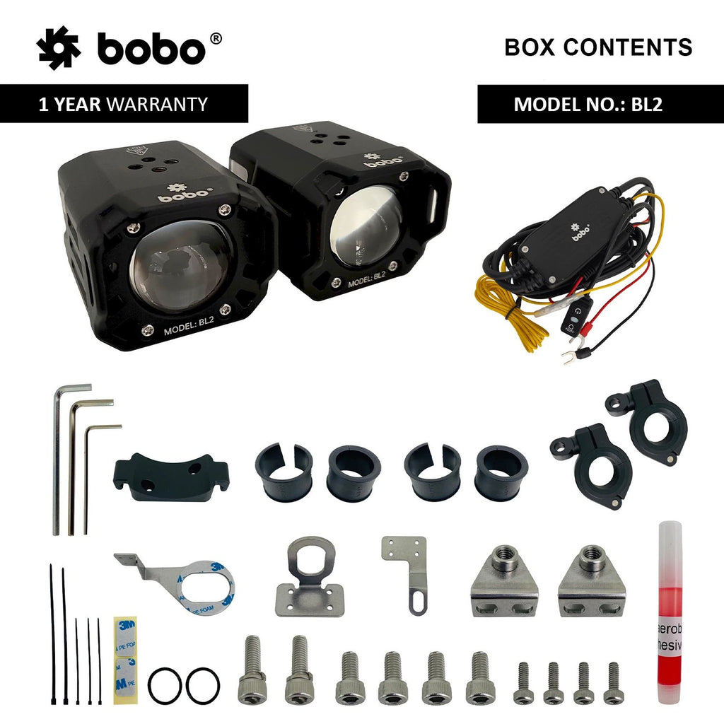 BL2 LED auxiliary light pair kit: two lights, wiring harness, brackets and screws