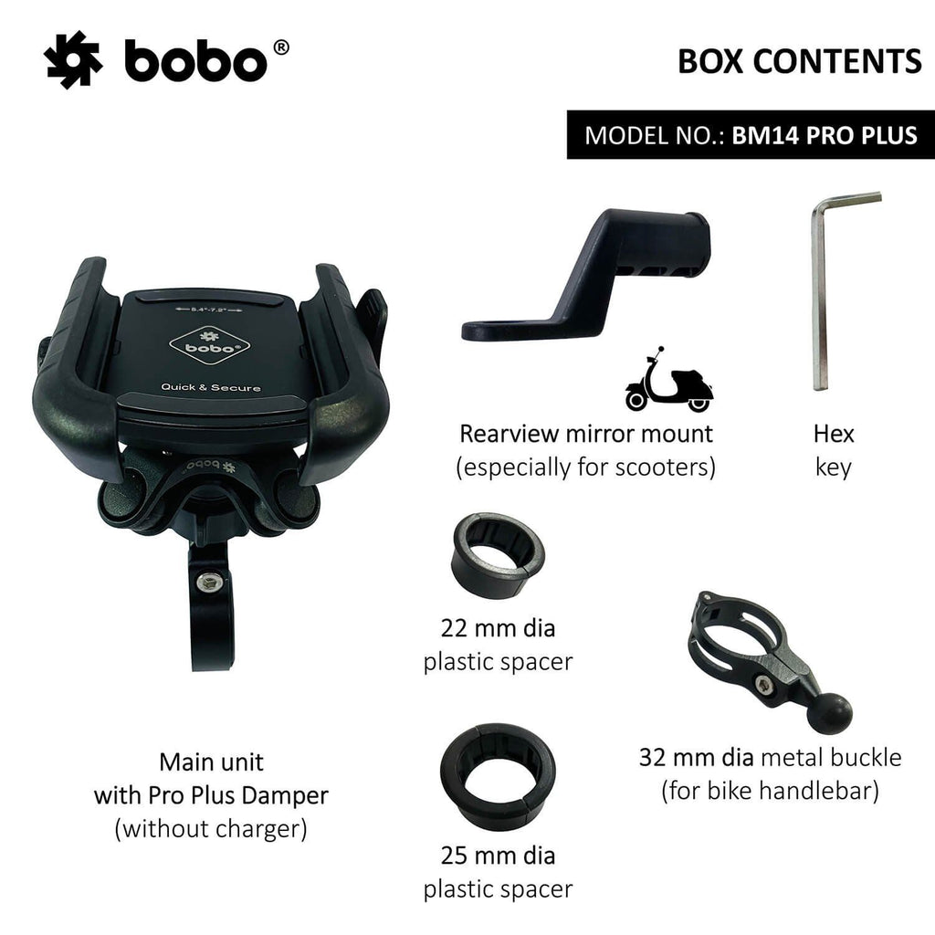 BM14 Pro Plus Lieferumfang: Main unit, Spiegeladapter, Hex-Key, Spacers und Bügelklemme