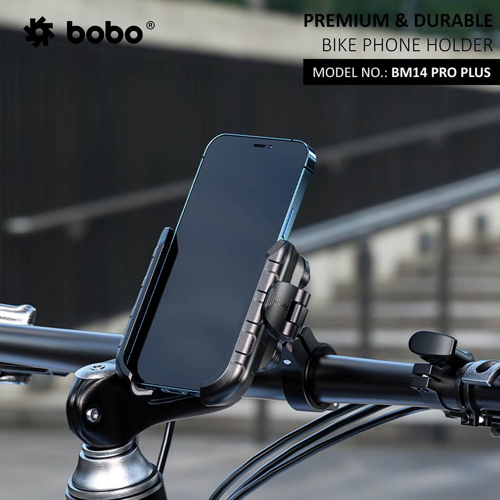 BM14 Pro Plus phone holder am Lenker, mit Smartphone in schwarzer Halteschale