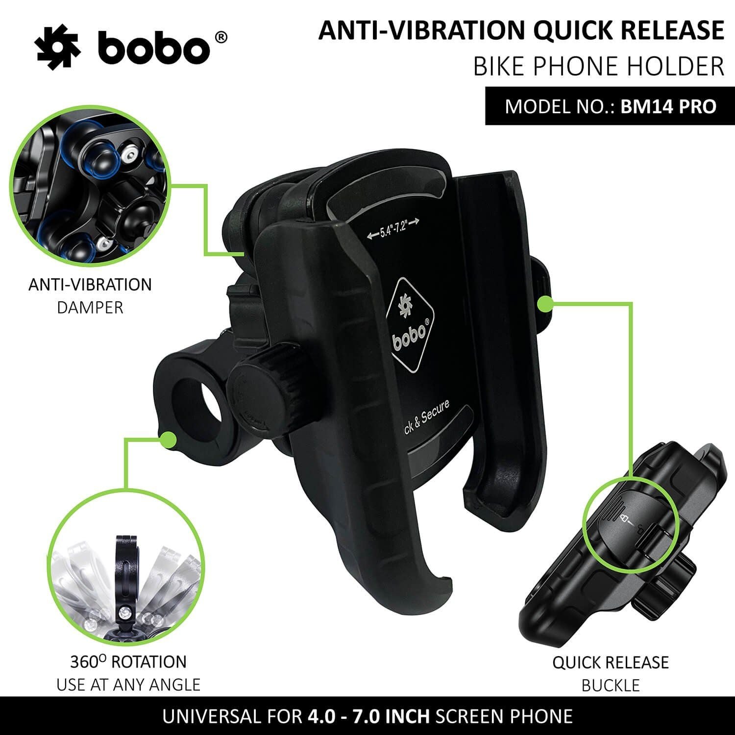 BM14 Pro quick-release bike phone holder with anti-vibration damper, black