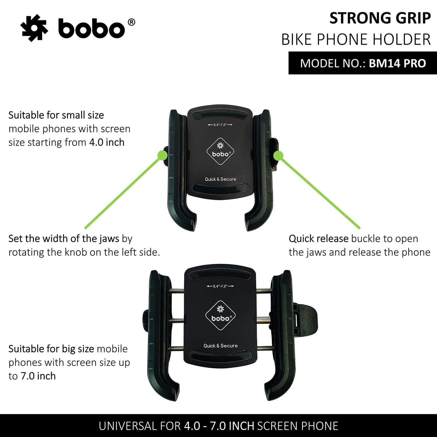 Adjustable jaws bike phone holder for 4.0–7.0 inch screens, quick release