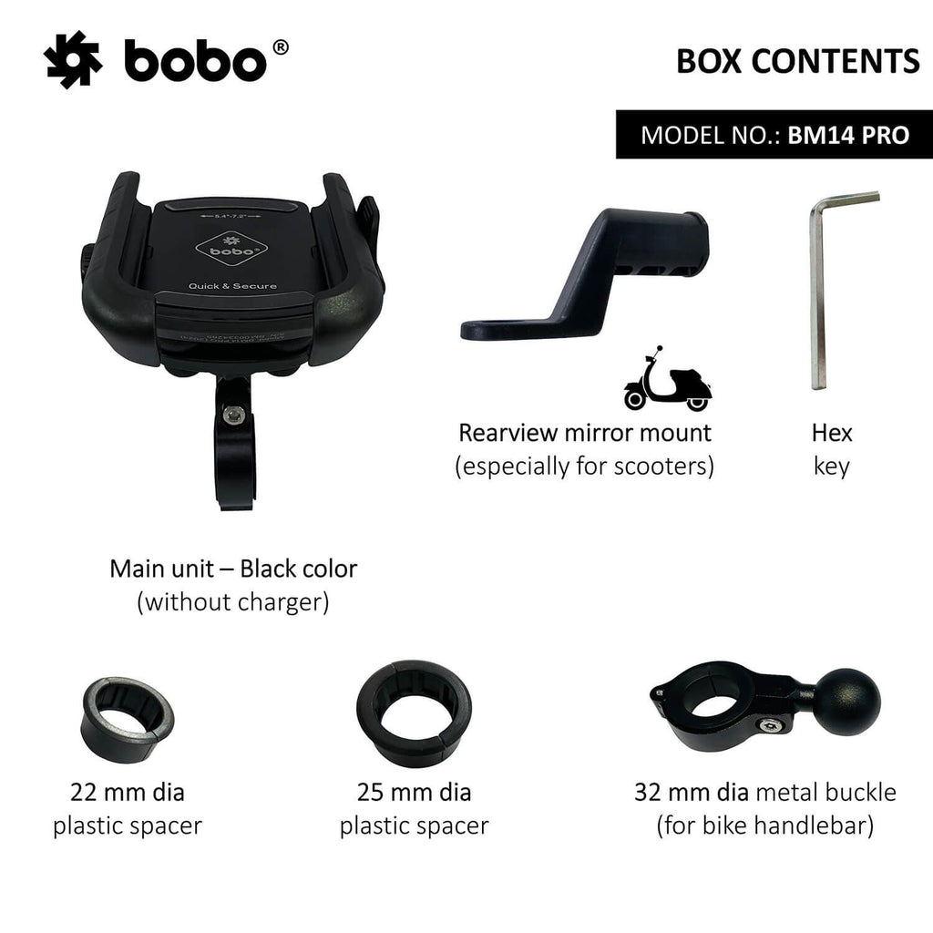 BM14 Pro box contents: bike phone holder, spacers, hex key, handlebar buckle
