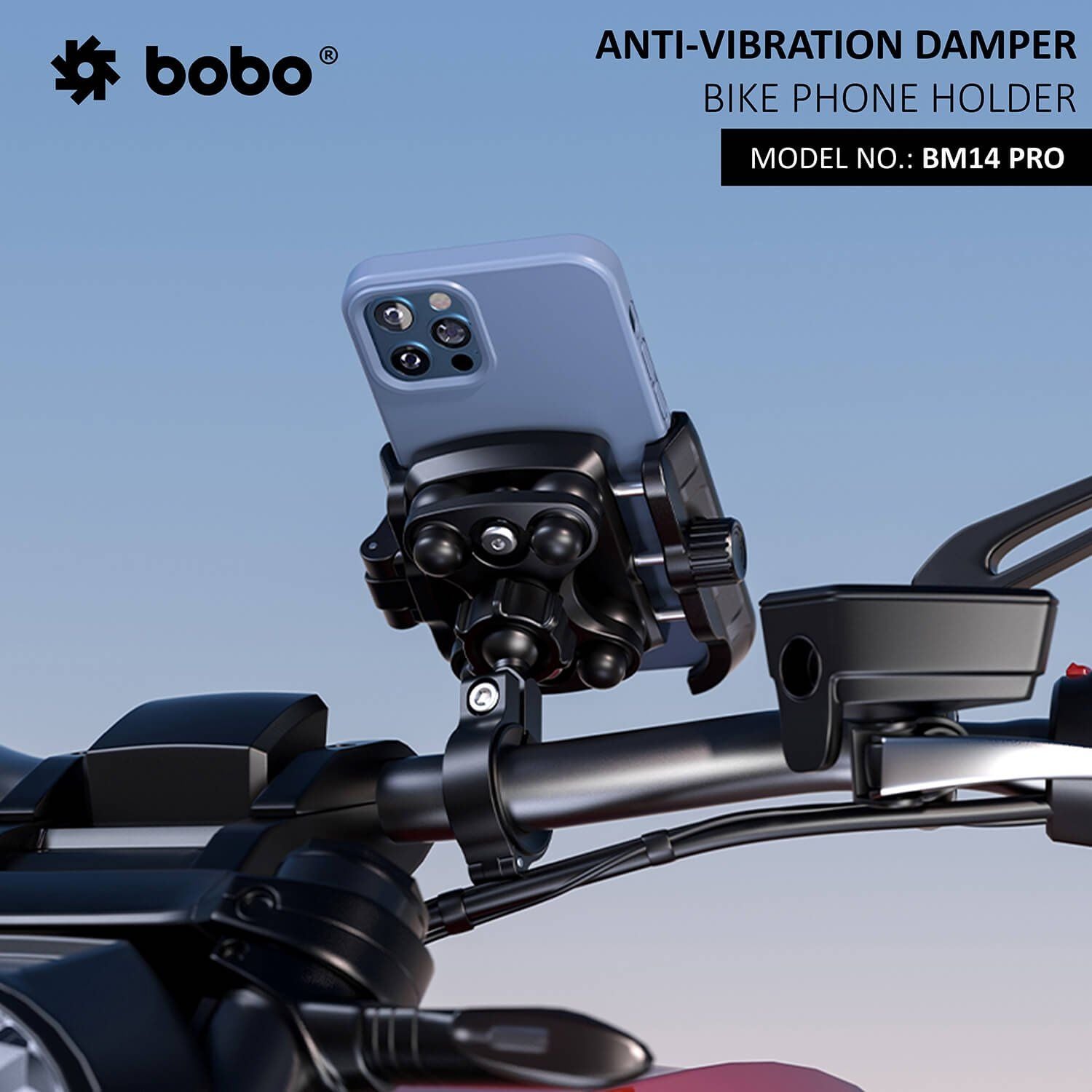 Black BM14 Pro bike phone holder with smartphone secured on handlebar, anti-vibration
