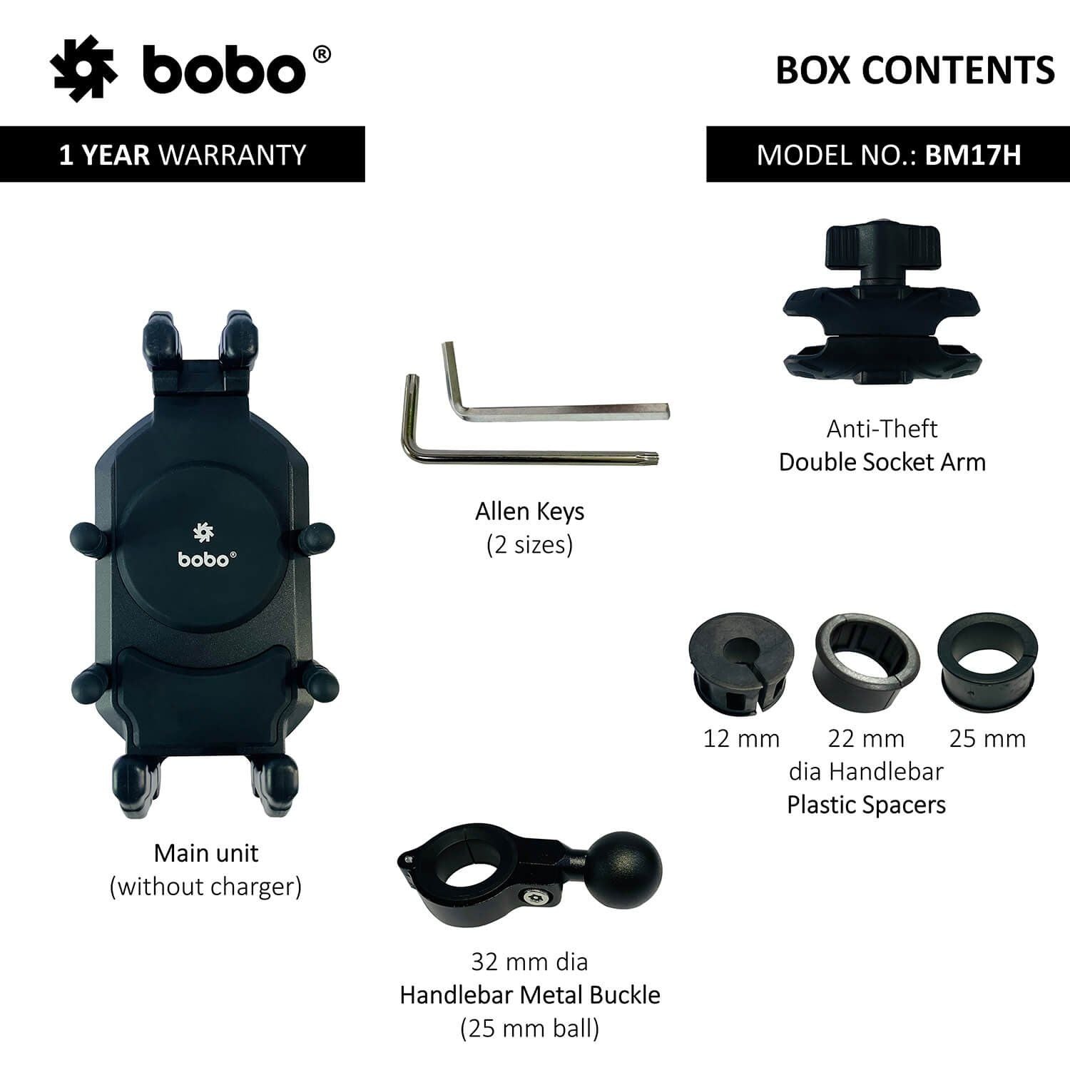 Bike phone holder with Allen keys, handlebar metal buckle, and plastic spacers
