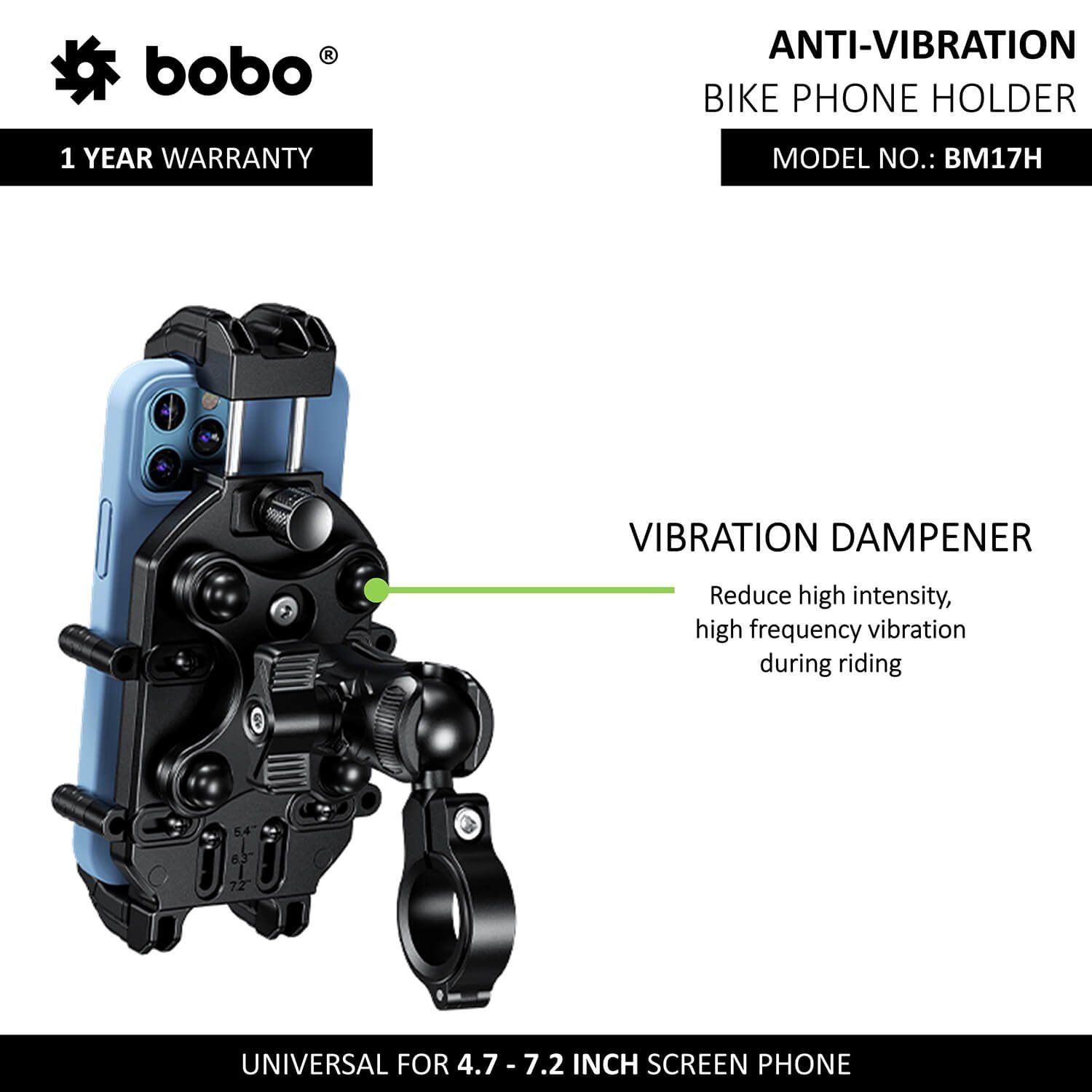 Anti-vibration bike phone holder with vibration dampener and handlebar clamp