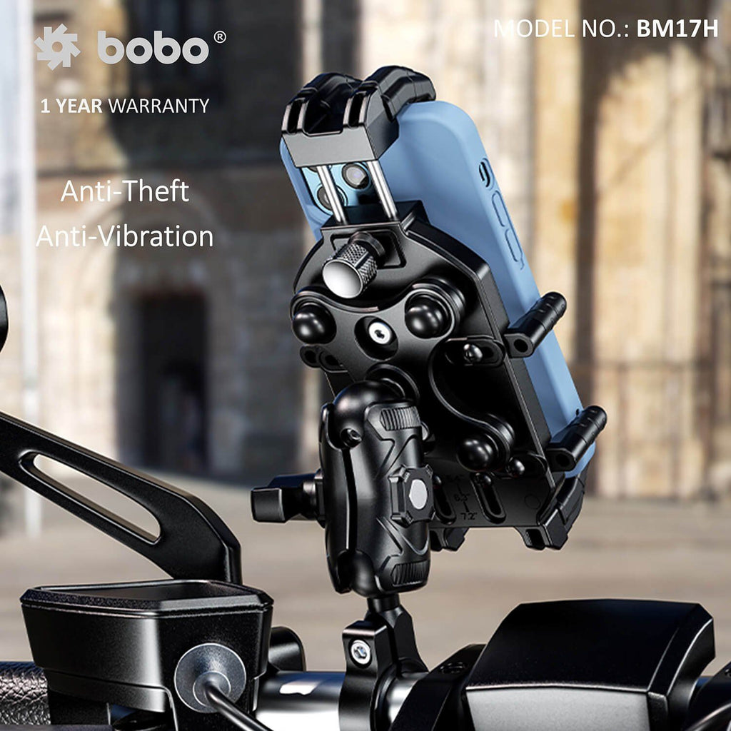 Bike phone holder securing a smartphone with anti-theft and anti-vibration clamp