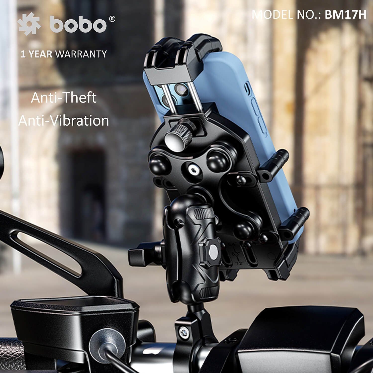 Bike phone holder securing a smartphone with anti-theft and anti-vibration clamp