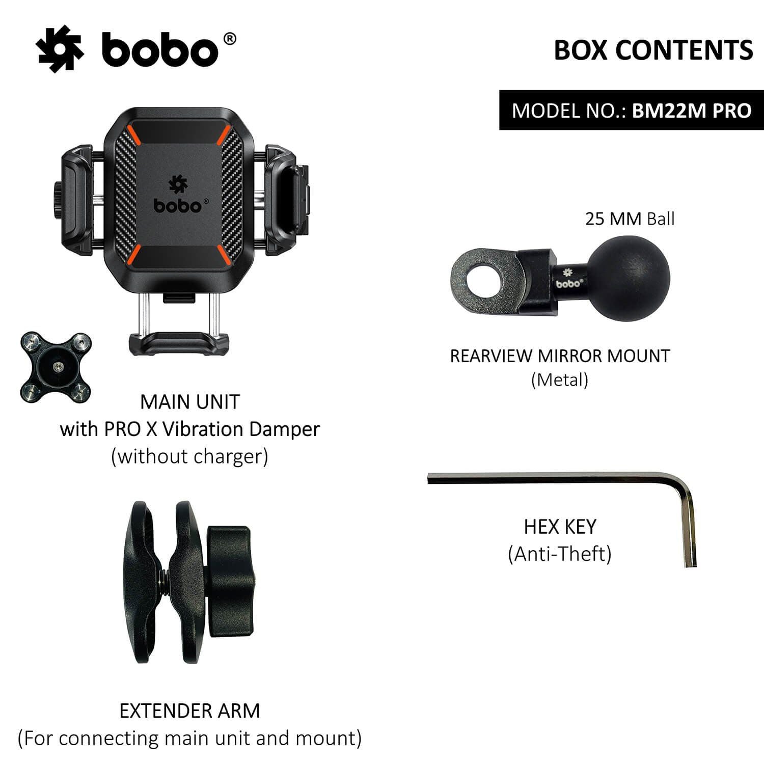 Bike phone holder kit: main unit, rearview mirror mount, 25mm ball, black